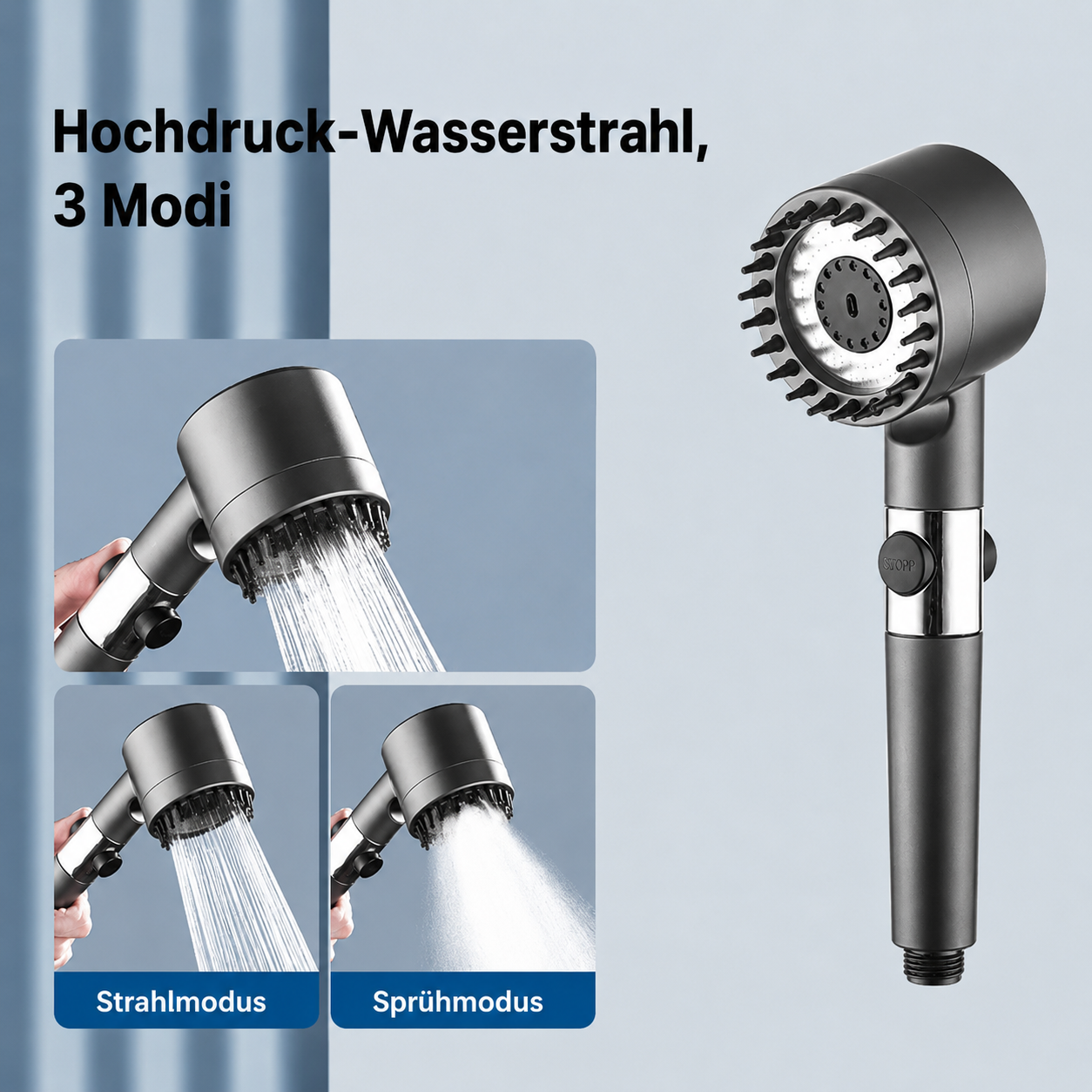 AquaLuxe | Duschkopf mit 3 Strahlarten in einem und Wassersparfunktion
